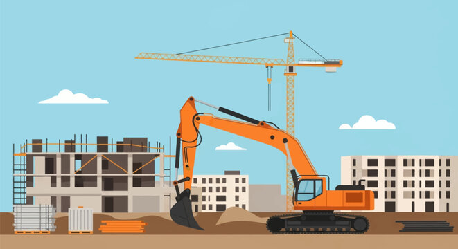 Flat vector illustration of an urban construction site featuring a large orange excavator, a tall yellow tower crane, and multi-story building frames under development with materials.