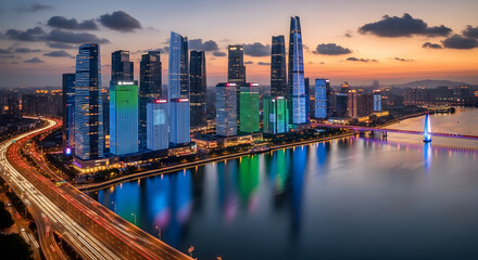 Obraz premium Modern city skyline at sunset with illuminated skyscrapers, a river, and a bridge with light trails from traffic in a bustling urban landscape