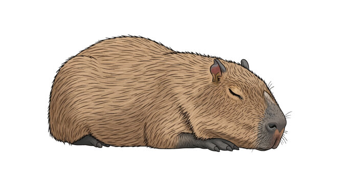 Detailed vector illustration of a sleeping capybara with brown fur and closed eyes, shown lying down in a side profile, isolated on a white background for easy graphic design use.