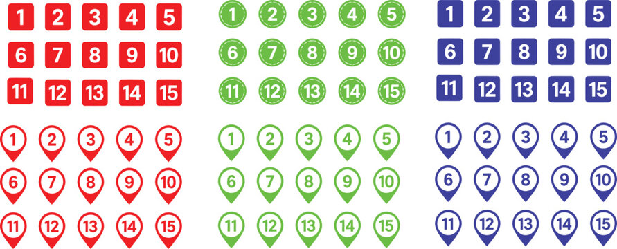 Set of numbers from 1 to 15 in square and location map pin style icons.