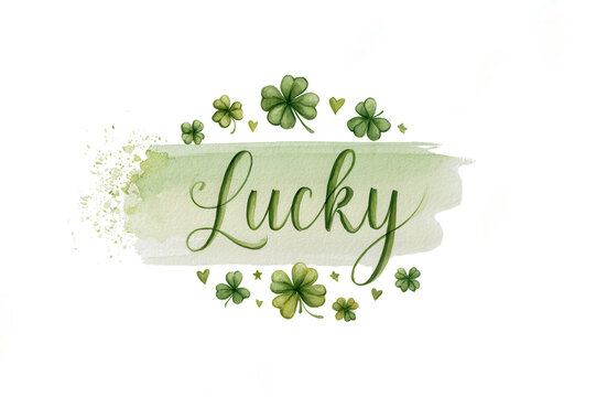 Watercolor illustration with green clover leaves and the word Lucky in  cursive elegant script font