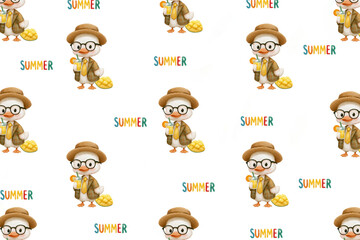Fototapeta premium Seamless pattern featuring cute cartoon ducklings wearing hats and glasses with mango drinks
