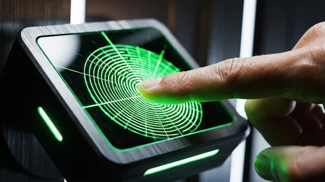 Close-up of a futuristic fingerprint scanner terminal with a green radar-like fingerprint display being touched by a finger, high-tech security interface