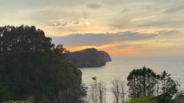 Serene sunset over ocean landscape with trees