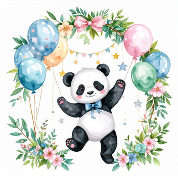 Adorable watercolor illustration of a happy panda with a blue bow, dancing inside a festive floral wreath with colorful balloons and stars, perfect for birthday cards and nursery decor.