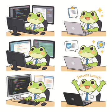 Cute frog programmer character set vector illustration bundle coding software engineering developing computer website screen IT professional job