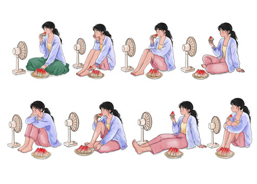 Summer Lifestyle Girl Eating Watermelon with Electric Fan Pose Set