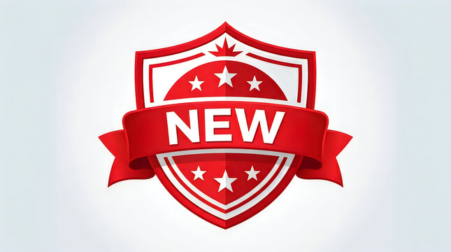 Red shield badge with text new and stars