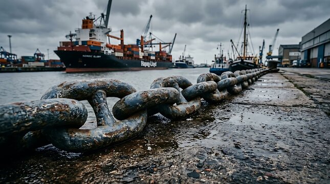 Large anchor chain on dock waterfront.