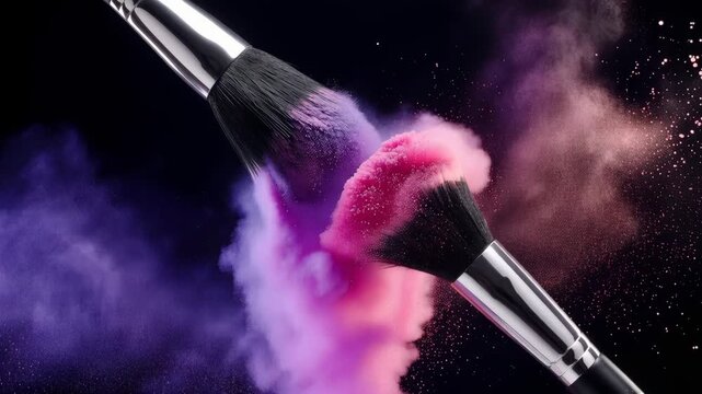 Two makeup brushes with colorful powder explosion on black background 4k video
