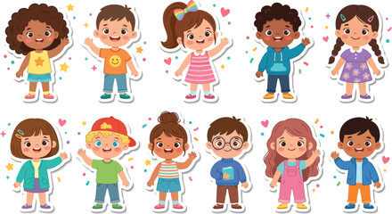 Fototapeta premium Cute Children Character Collection Cartoon Vector Illustration with Happy Boys and Girls in Colorful Outfits