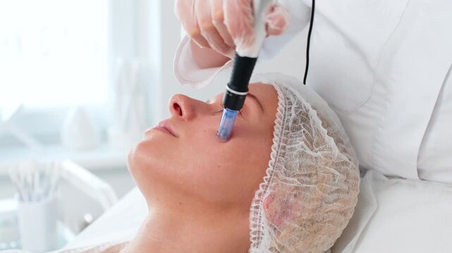 Caucasian adult woman girl receives microneedling treatment under eye area during fractional mesotherapy session. Cosmetologist applies serum with dermapen and prepares injection in beauty clinic.