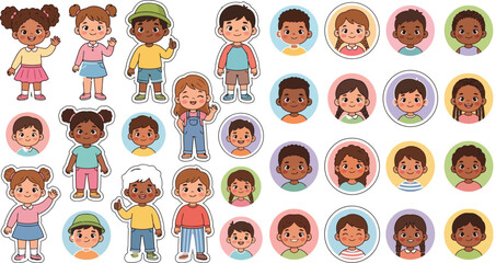 Obraz premium Diverse Children Avatar and Character Collection Cartoon Vector Illustration with Happy Kids Faces and Full Body Figures