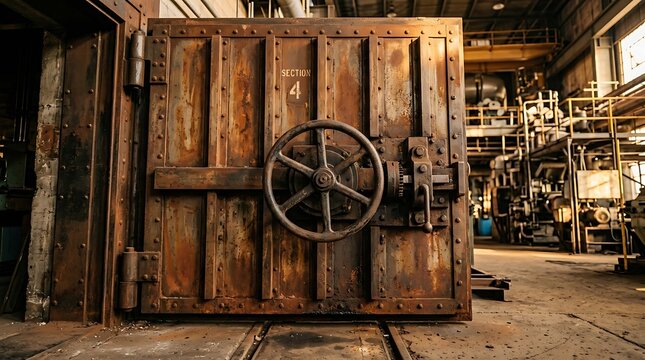 Old rusty industrial warehouse sliding door.