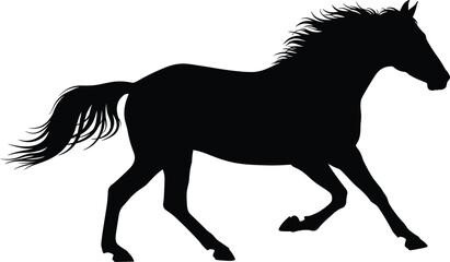 Black silhouette of a horse in full gallop with mane and tail flowing animal white © Romana
