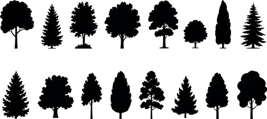 Tree silhouette vector set with coniferous and deciduous forest trees isolated on white background for landscape design element graphic illustration. © BIPUL