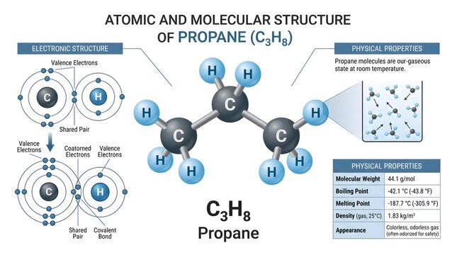 Atomic and molecular structure of propane (C₃H₈) infographic illustrating electron structures of carbon and hydrogen, covalent bonding in the three‑carbon chain, gaseous molecular arrangement, and tab