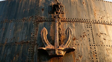 Naklejka premium Rusty ship anchor on wooden hull.