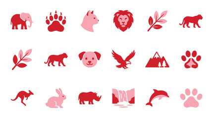 Collection of stylized animal icons and nature elements in pink and red colors. © xavier