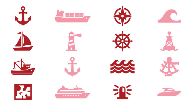 Collection of marine and nautical icons in red and pink colors, representing various sea vessels and navigation tools.