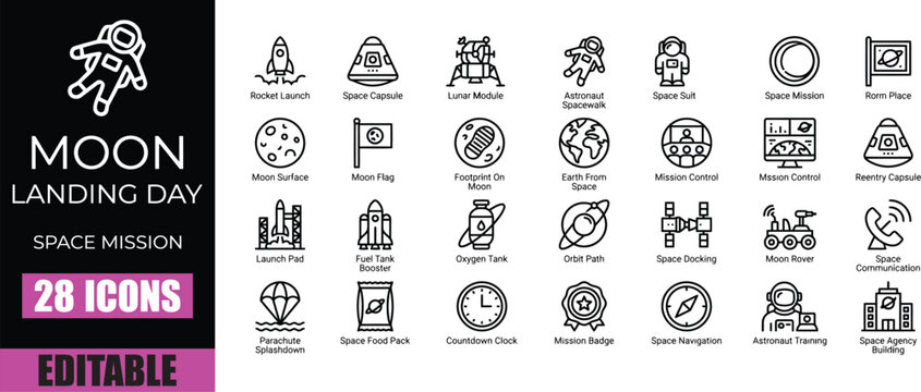 A collection of 28 editable line icons depicting various elements of moon landing day and space missions, including astronauts, rockets, lunar modules, and celestial bodies.