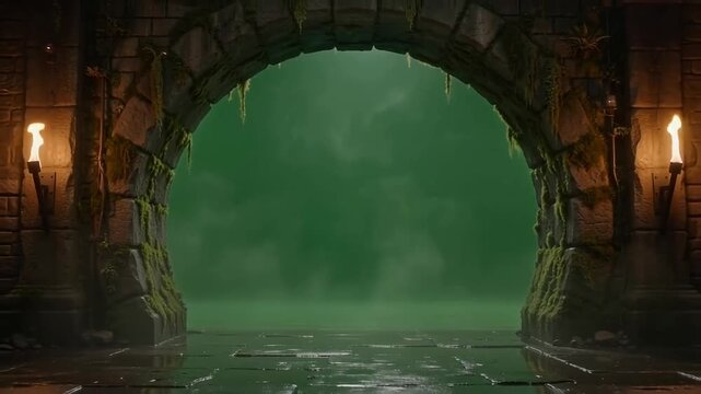 Mysterious ancient stone archway leading to green foggy passageway with torches