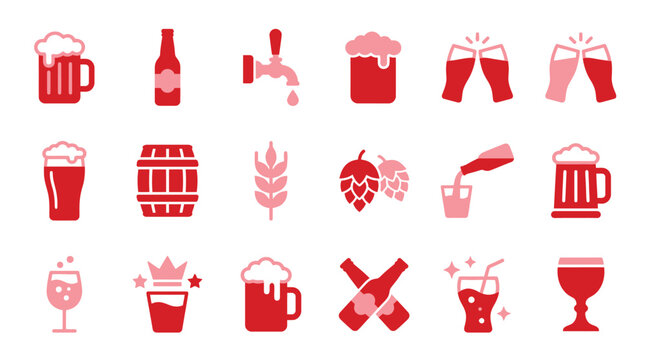 Collection of red and pink beer and drink icons, representing various beverages and bar elements.