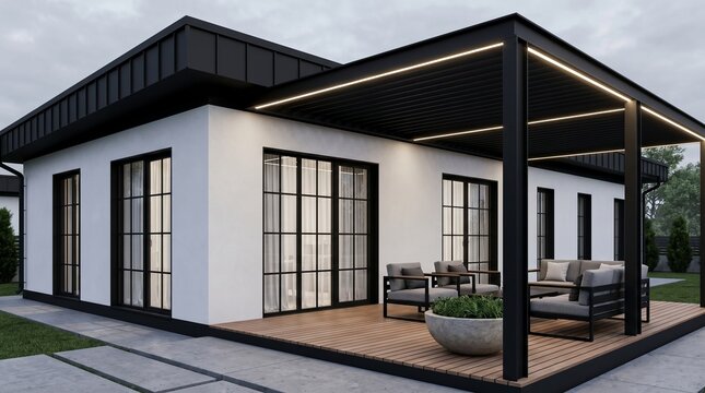 Modern minimalist house with white facade and black roof accents featuring a stylish outdoor living area with wooden deck and pergola.