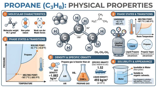 Propane (C₃H₈) physical properties infographic summarizing molecular characteristics, phase states and transitions with pressure&ndash;temperature curves, density and specific gravity, gas versus air behavi