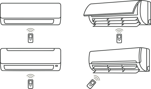 Set of air conditioner wall units with remote control icons