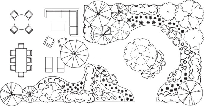 Landscape design plan with patio furniture and garden layout in a top down black and white vector