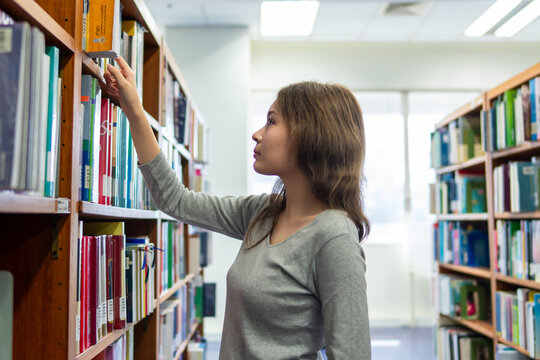 Caucasian young girl reader searching for books to read in quiet library