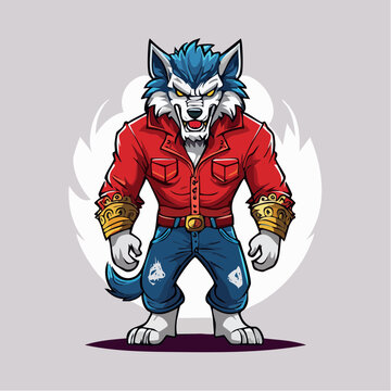 Cartoon Werewolf Character in Red Shirt and Blue Jeans