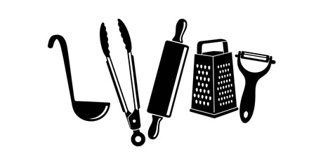 Kitchen utensils icons including spatula tongs grater peeler and chopper on white background © Prema
