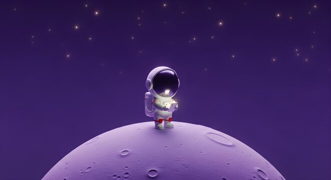 A cute stylized astronaut in a white space suit stands holding a glowing digital device while wearing a reflective helmet visor under the bright soft light of distant glowing stars.