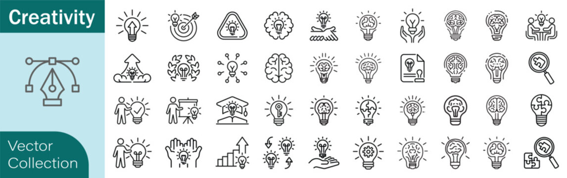 Creativity, innovation, lightbulbs and ideas icon set. Thin line editable stroke icons for brainstorming, imagination, design thinking, creative process, invention, inspiration, and problem solving