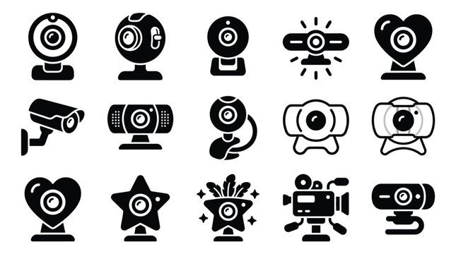 Collection of various webcam icons in a flat design style, representing different types of cameras and surveillance devices.