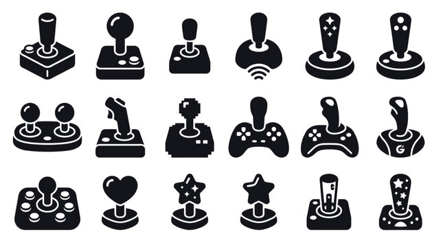 Collection of various black video game joysticks and controllers in a flat design style.