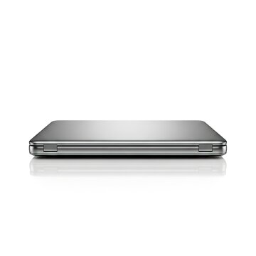 Sleek Silver Laptop Closed on White Background with Reflection.