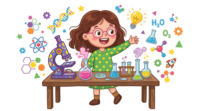 Cartoon girl excitedly exploring science with a microscope and colorful chemistry equipment on a table against a white background with educational illustrations.