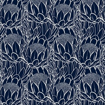 Bold seamless pattern showcasing king protea flowers in crisp white linework against a dark navy background. Ideal for modern textiles and statement products.