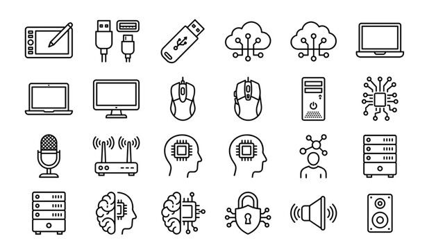 Computer hardware and network infrastructure outline icons set isolated on white background thin line stroke vector illustration artificial intelligence device design