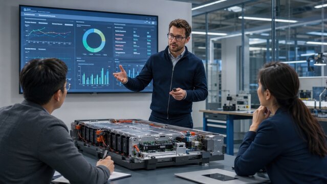 Business meeting focused on technology presentation with battery prototype and data charts in modern office setting