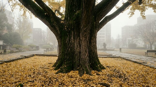 A majestic, ancient ginkgo tree with a thick, gnarled trunk stands in a park covered in fallen yellow leaves, with buildings visible in the misty background.