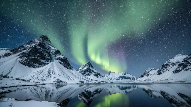 Majestic aurora borealis dances over snow-capped mountains reflecting in a calm lake
