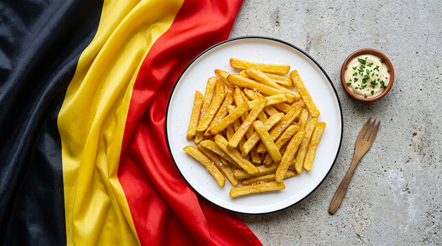 Belgian fries with mayonnaise on a plate with the national flag