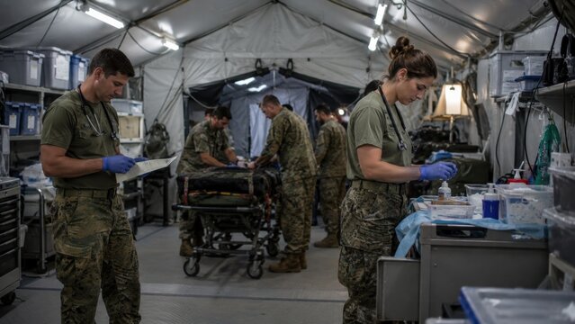 Military personnel conduct medical tasks in a field hospital during training exercises in a temporary tent setup for emergency response activities