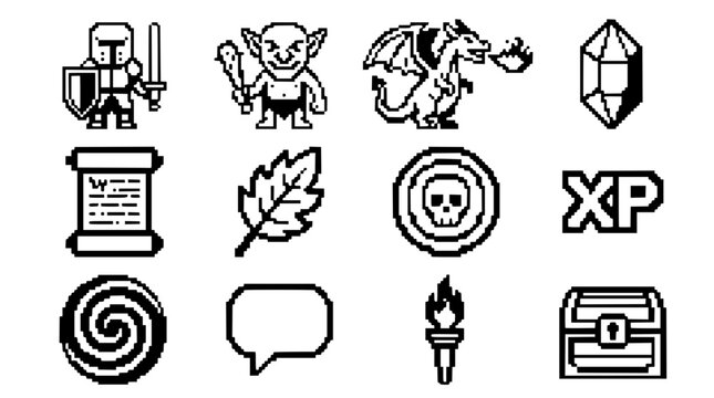 Pixel art icons for fantasy game design and graphics