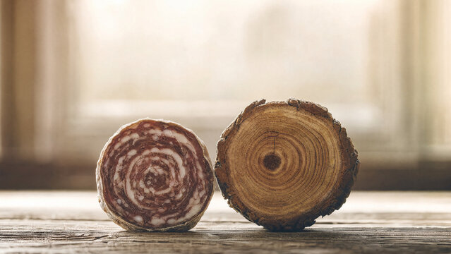 Cross-section of dried saucisson beside tree log, concentric patterns echoing each other.