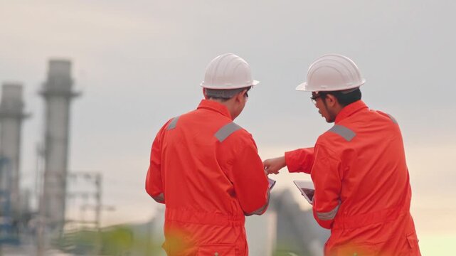 Asian male engineers discussing facility maintenance project during a beautiful sunset evening. Strict safety protocols protect valuable human resources daily. Quality output.